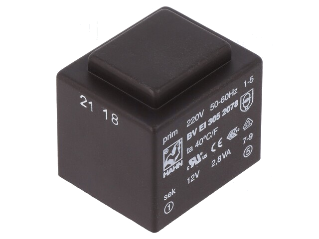 Transformator: ingegoten; 2,8VA; 220VAC; 12V; 233mA; PCB; BVEI Transformator: ingegoten; 2,8VA; 220VAC; 12V; 233mA; PCB; BVEI
